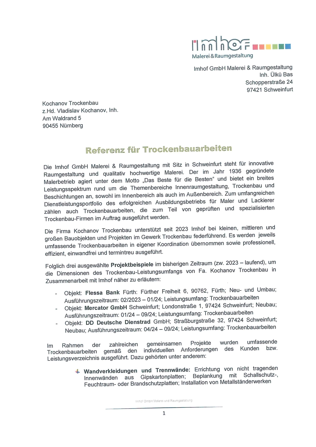 Kochanov Trockenbau - Zertifikat