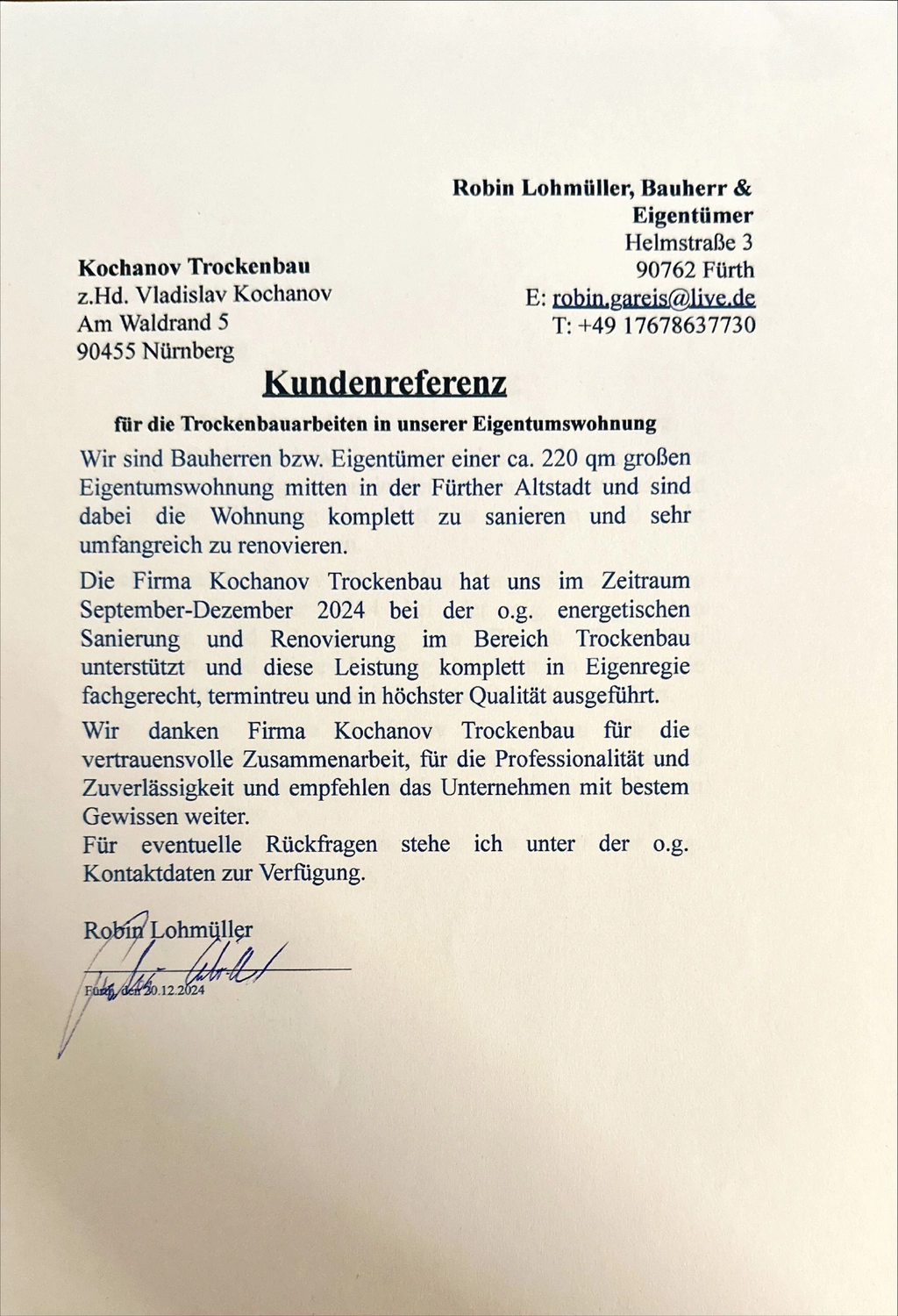 Kochanov Trockenbau - Zertifikat